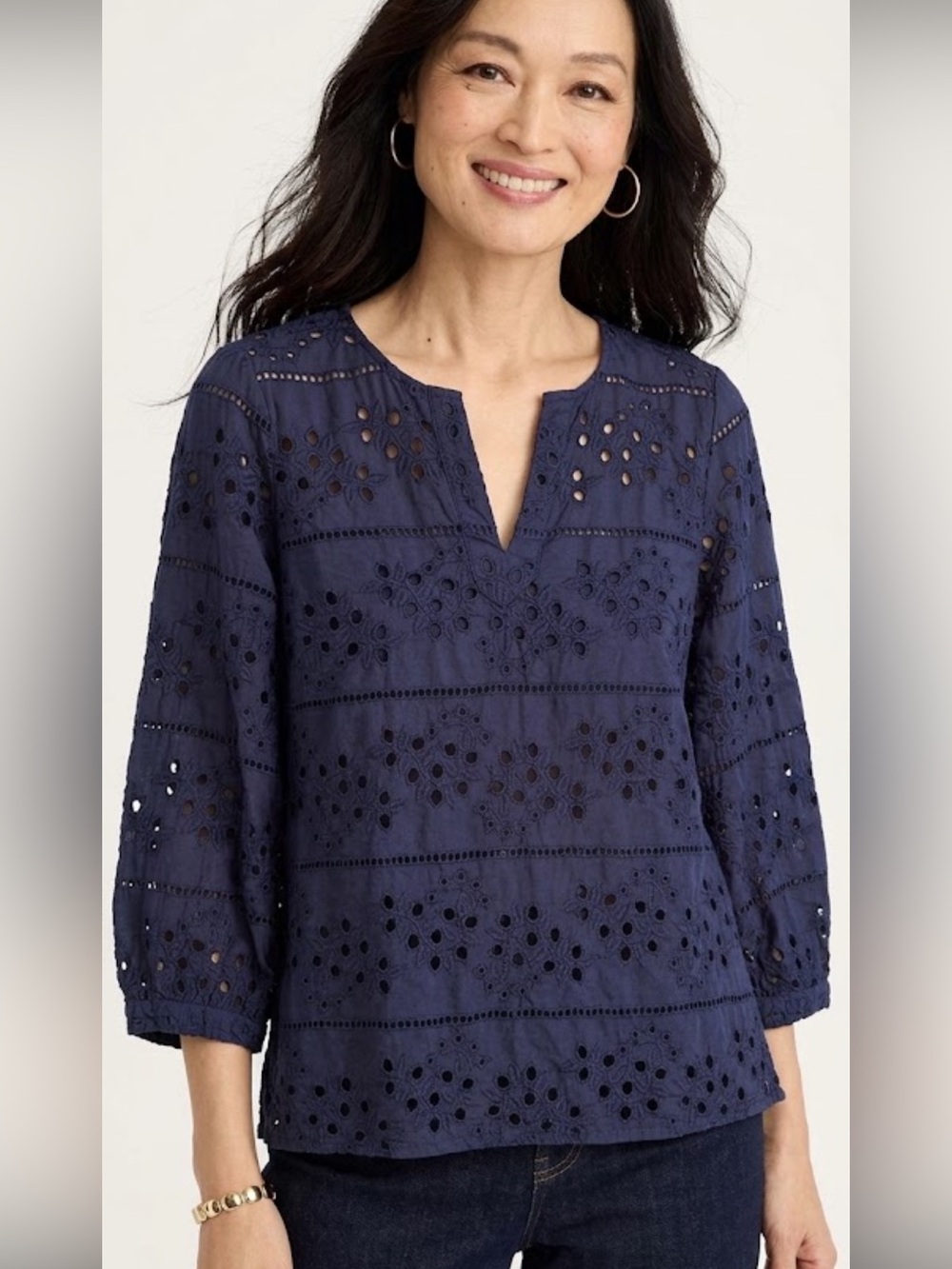 Chico's size 2/ L Navy Eyelet lace
Split V-Neck popover blouse